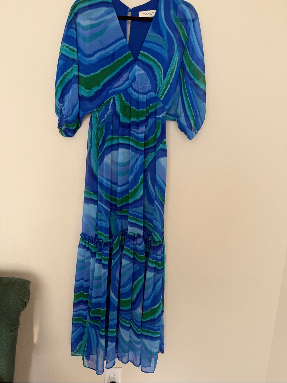 Taylor Printed Blue & Green Maxi Dress NWOT